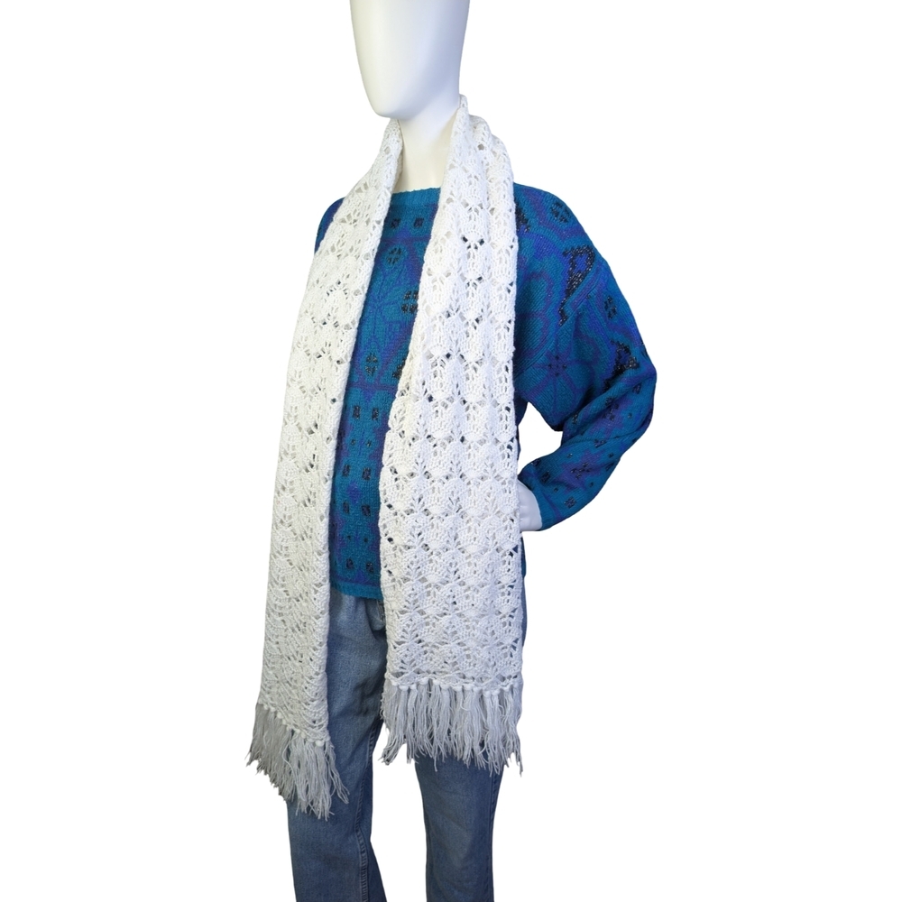 Handmade White Crocheted Fringe Scarf | Boho Open Weave Statement Piece